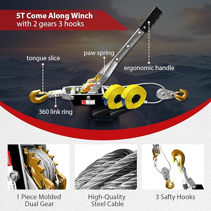 Come Along Winch 5-Ton 9.84FT Steel Cable & 3 Hooks Dual Gear with Two 1"x8FT Lifting Sling Heavy Duty Ratchet Power Puller Tool for Vehicle Rescue