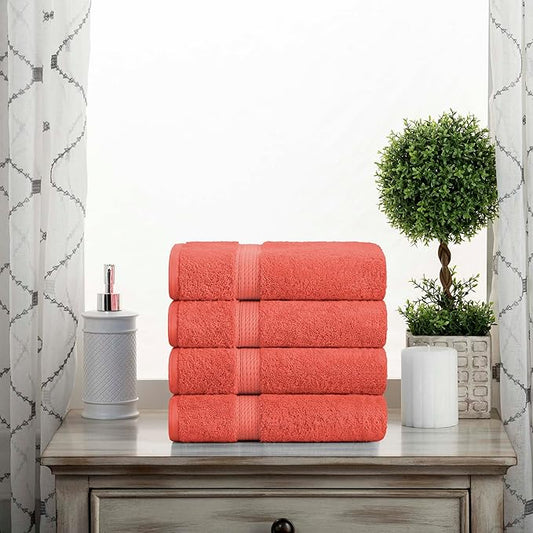 Superior Egyptian Cotton Pile Hand Towel Set of 4, Ultra Soft Luxury Towels, Thick Plush Essentials, Absorbent Heavyweight, Guest Bath, Hotel, Spa, Home Bathroom, Shower Basics, Coral