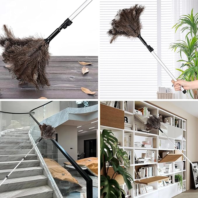 Ostrich Feather Duster 26-49 Inch | Extendable Feather Duster with Aluminum Pole | Long Feather Duster for High Ceilings, Fans & Delicate Cleaning
