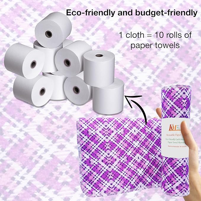 Pack of 10 Reusable Paper Towels | 10x10 Inch Cotton Towels | Kitchen Utensils Print | Eco Friendly, Washable, Quick Drying | Sustainable Cleaning Cloths | Purple Chex