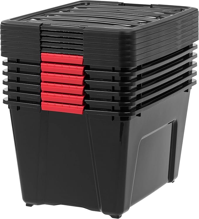 IRIS USA 54 Qt Stackable Plastic Storage Bins with Lids, 6 Pack - BPA-Free, Made in USA - Garage Organizing Solution, Latches, Durable Nestable Containers, Secure Pull Handle - Black