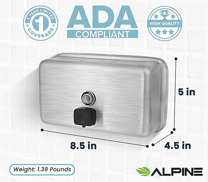 Alpine Commercial Wall-Mounted Soap Dispenser – Stainless Steel, Liquid, Manual Pump, ADA Compliant, 1200ml for High-Traffic Bathrooms (Horizontal)