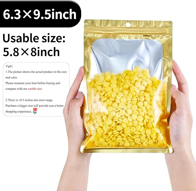 100 Pack Resealable Plastic Bags for Food Storage, Zipper Bags with Clear Front Window, Packaging Pouch for Small Business (Gold, 6.3x9.5 inch)