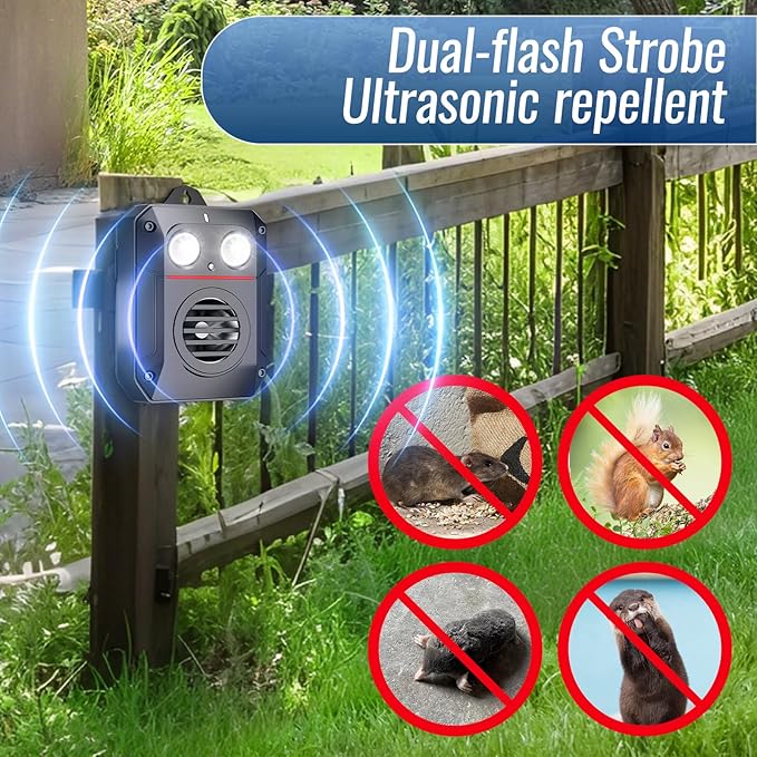 Ultrasonic Rat Repeller, Car Engine Rodent Repeller with Flashlight and Motion Sensor, Waterproof and Battery Operated Rat Deterrent Outdoor for Houses/Gardens/Attics, Against Mice/Rats/Martens