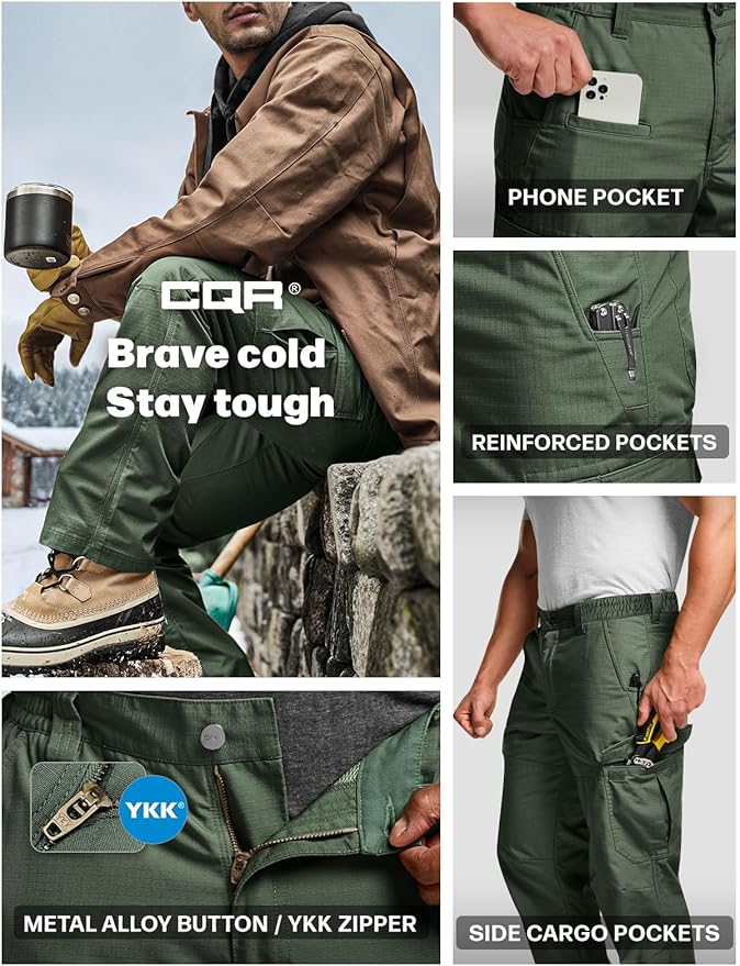 CQR Men's Winter Tactical Cargo Pants, Thermal Fleece Lined Outdoor Snow Ski Hiking Work