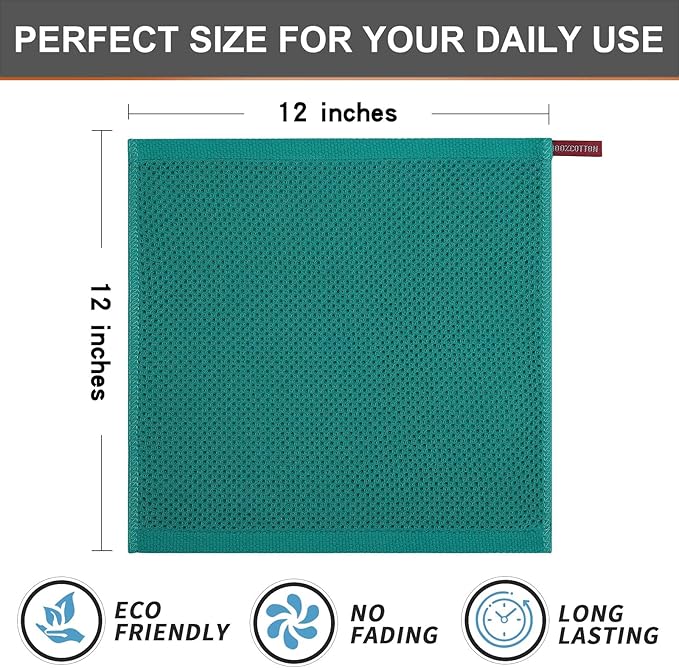 Kitinjoy 100% Cotton Kitchen Dish Cloths, 8 Pack Waffle Weave Ultra Soft Absorbent Dish Towels for Drying Dishes Quick Drying Kitchen Towels Dish Rags, 12 X 12 Inches, Teal