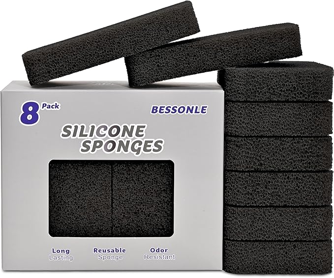 8 Pack Silicone Scrubbing Sponges, Heavy-Duty, Non-Scratch Kitchen Sponges - Reusable, Odor-Free, Perfect as for Cleaning Dishes, Non-Stick, Countertops (Black)