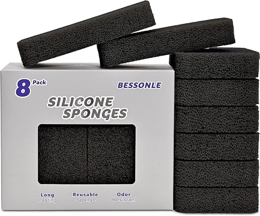 8 Pack Silicone Scrubbing Sponges, Heavy-Duty, Non-Scratch Kitchen Sponges - Reusable, Odor-Free, Perfect as for Cleaning Dishes, Non-Stick, Countertops (Black)