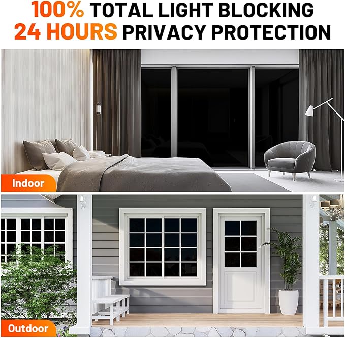 Privacy Window Film Total Blackout Cover, 100% Light Blocking Window Tint Static Cling Sun Blocking Heat Control, Anti UV Scratch Resistant for Home Office (Black, 17.5in x 6.5ft)