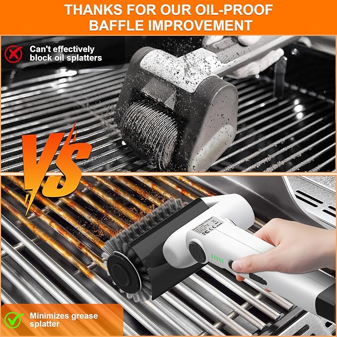 HHXRISE Electric Grill Brush for Outdoor Grill: Rechargeable BBQ Grill Cleaner with 2 Heads (Steel Wire & Flame Resistant Sponge) - 2-Speed - 90°Adjustment - Effortless Grill Grates Cleaning