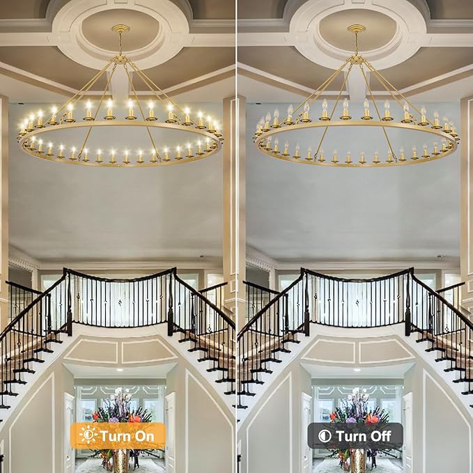 Wagon Wheel Chandeliers, 36-Light Gold Extra Large Modern Rustic Farmhouse Chandelier Adjustable Height Light for High Ceiling Living Room, Entryways, Foyer, Dining Room, Kitchen