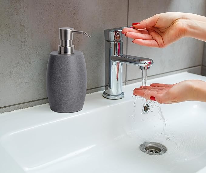 Sandstone Textured Resin Soap Dispenser with Metallic Pump and Waterproof Bottle Labels for Bathroom Kitchen Dish Hand Wash Shower Lotion Shampoo, 12 Oz, 2 Sets Gray