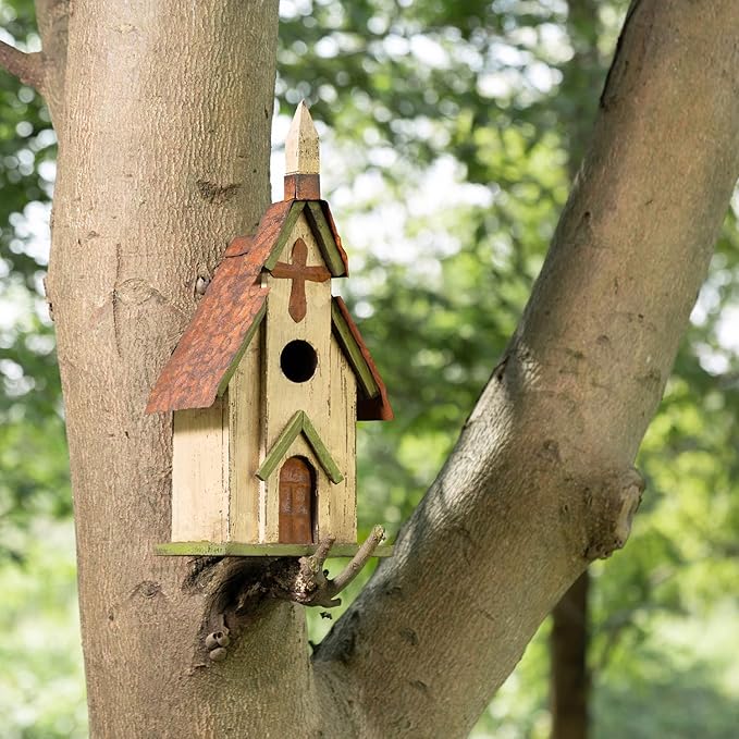 Glitzhome 14" H Hanging Distressed Wooden Church Birdhouse Garden Decor