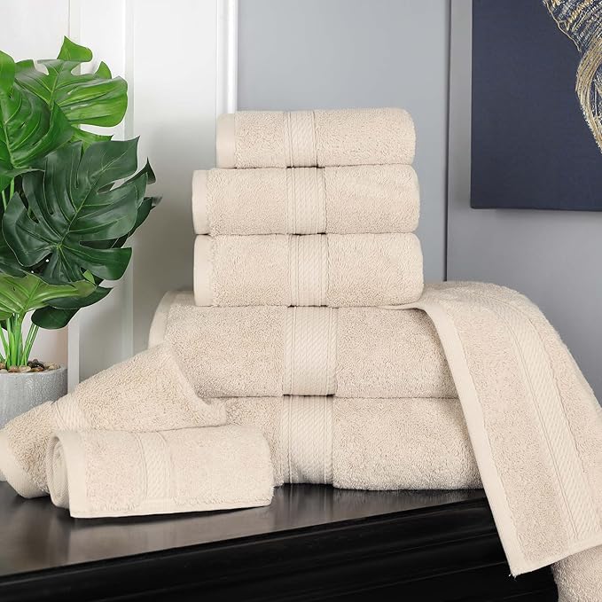 Superior Egyptian Cotton Pile 8 Piece Towel Set, Includes 2 Bath, 2 Hand, 4 Face Towels/Washcloths, Ultra Soft Luxury Towels, Thick Plush Essentials, Guest Bath, Spa, Hotel Bathroom, Cream