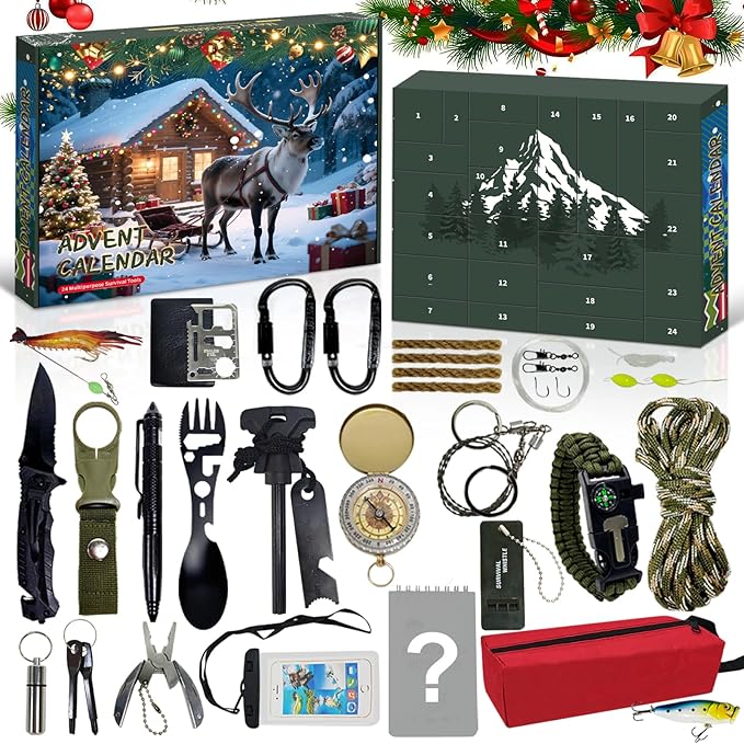Survival Advent Calendar 2025 for Men – 24 Days Countdown Gift Box for Boyfriend or Husband | Unique Survival Kit & Mini Tools Cool for Men, Teen Boys & Adults