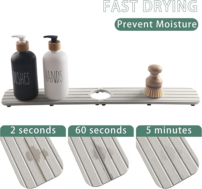 ZumenDa 23.6inch x 4inch Kitchen Sink Faucet Mat, Water Absorbing Stone Faucet Splash Guard for Bathroom Counter, Quick Drying Diatomite Tray for Kitchen Sink, Light Gray