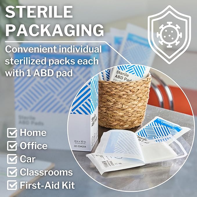 CareStock Abdominal Pad, 8 x 10 in. - Highly Absorbent Nonwoven Cellulose ABD Pads, Wound Care First Aid - Individually Packed, Sterile, 24 Count, 15 Packs, 360 Total, White