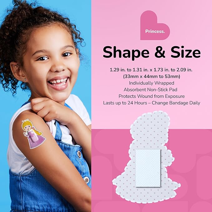 BioSwiss Kids Bandages, Princess Shaped Self Adhesive Bandage Set, Latex Free, Sterile Wound Care, 24 Count