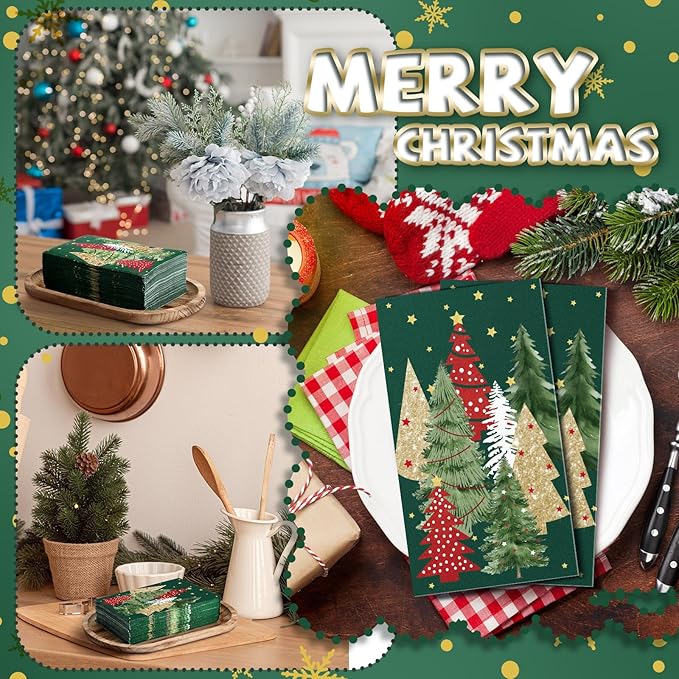 Jetec 200 Pcs Christmas Disposable Paper Guest Towels for Bathroom Christmas Paper Napkins Red Green Xmas Tree Decorative Guests Towel 2 Ply Christmas Napkins for Holiday Kitchen Dining Table