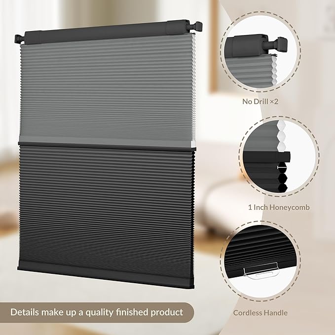 Boolegon Day and Night Cellular Shades No Tools No Drill Blinds for Window Cordless Easy to Install Honeycomb Shades Blackout&Filter Light Window Shades for Office Home, Black, Custom Size