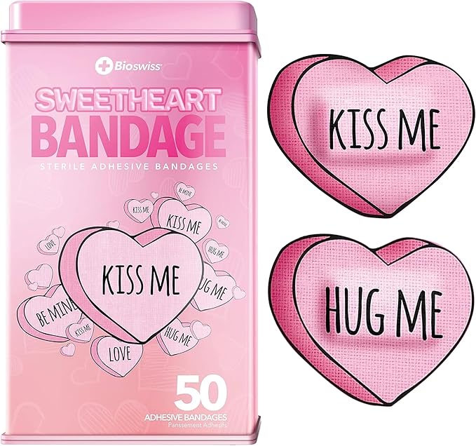 BioSwiss Kids Bandages, Valentine Heart Shaped Self Adhesive Bandage Set, Latex Free, Sterile Wound Care, 50 Count