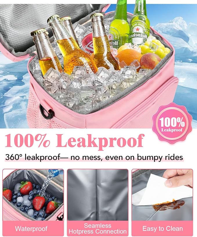 Insulated Lunch Bag for Men & Women - Leakproof Lunch Box Soft Cooler Tote, Adjustable Strap, Reusable Lunch Box for Work Office Picnic Beach Travel-Pink