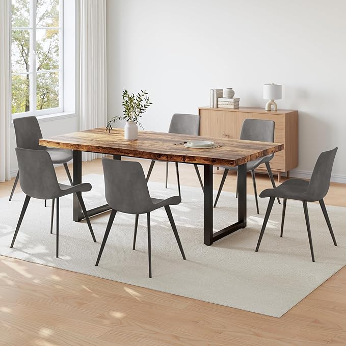 63" Dining Table and Chair Set for 6, MDF Board Kitchen Table Set with Thick Cushion Dining Chairs Set of 6, Mid-Century Dining Room Table, Saving Space