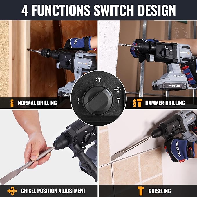 WORKPROX 20V Cordless Rotary Hammer Drill, 7/8" SDS-Plus, 2.0J Hammer Drill for Concrete with 4 Functions, Brushless Motor, 4.0Ah Battery & LED Light, Lightweight SDS Hammer Drill for Home Use