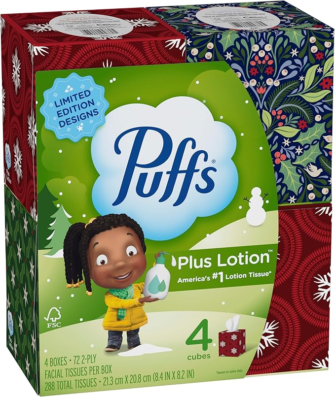 Puffs Plus Lotion Facial Tissue, 4 Mega Cube Boxes, 72 Tissues Per Box