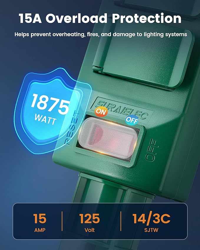 SURAIELEC Outdoor Power Stake Waterproof, 6 Grounded Outlets Power Strip Weatherproof, 15FT Extension Cord Outlet for Yard, Garden, Christmas Light, Patio Lights, Ponds, 1875W/15A, Green