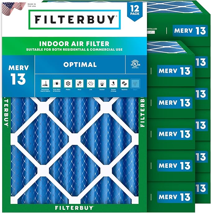 Filterbuy 24x25x4 Air Filter MERV 13 Optimal Smoke & Allergy Defense (12-Pack), Electrostatic Pleated HVAC AC Furnace Filters Replacement, Made in USA (Actual Size: 23.75 x 24.75 x 3.63)