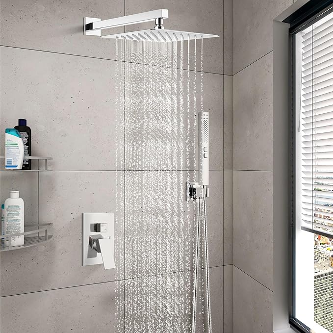Shower Faucet Set Rainfall Shower System with Square Showerhead and Handle Set Fixture with 2 in 1 Function Handheld Sprayer Wall Mounted Trim Repair Kit Rough-in Valve 10 Inch Polish Chrome