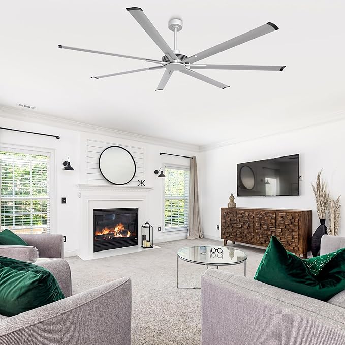 Industrial Ceiling Fans with Remote Control, 100 Inch Large DC Motor Ceiling Fans without Lights for Living Room Shop Garage Bedroom Indoor Outdoor, 6-Speed, Reversible 7 Aluminum Blades, Timer