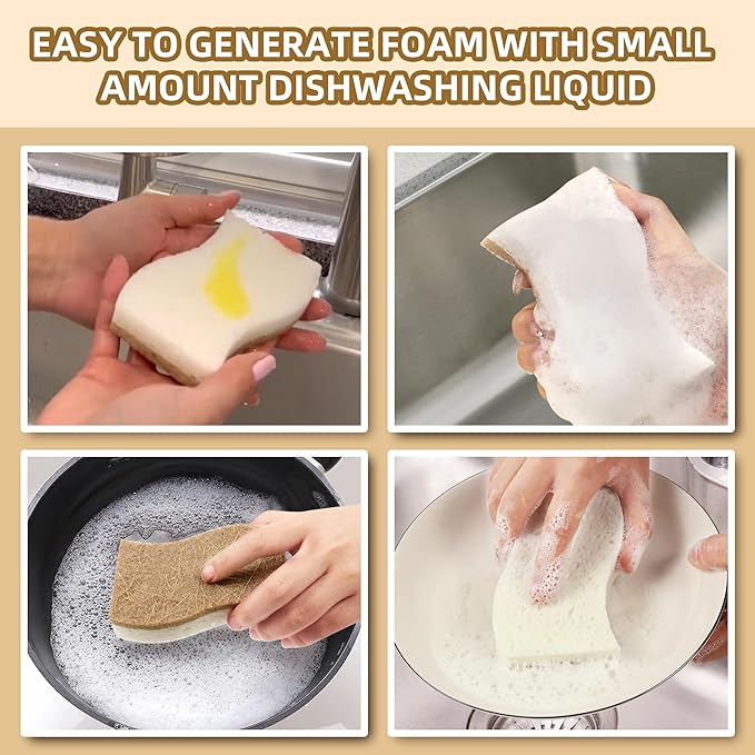 Biodegradable Natural Kitchen Sponge, Compostable Cellulose and Coconut Scrubber Eco-Friendly Dishwashing Sponge, 12 Pack Household Cleaning Foam for Dishes