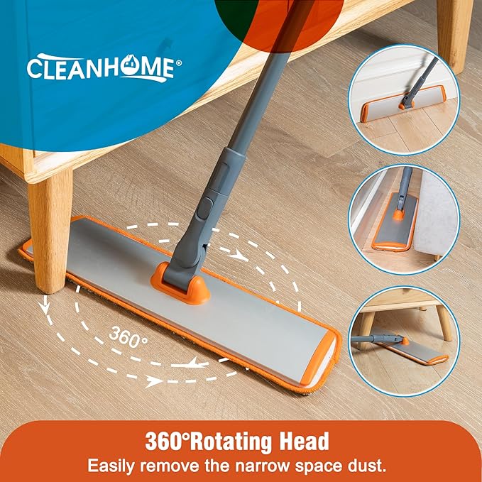 Microfiber Mop Floor Dust Mop with Extendable Long Handle, Flat Mop with 4 Reusable Pads and 1 Dirt Removal Scrubber, Suitable for Home Kitchen Bathroom Living Room Cleaning