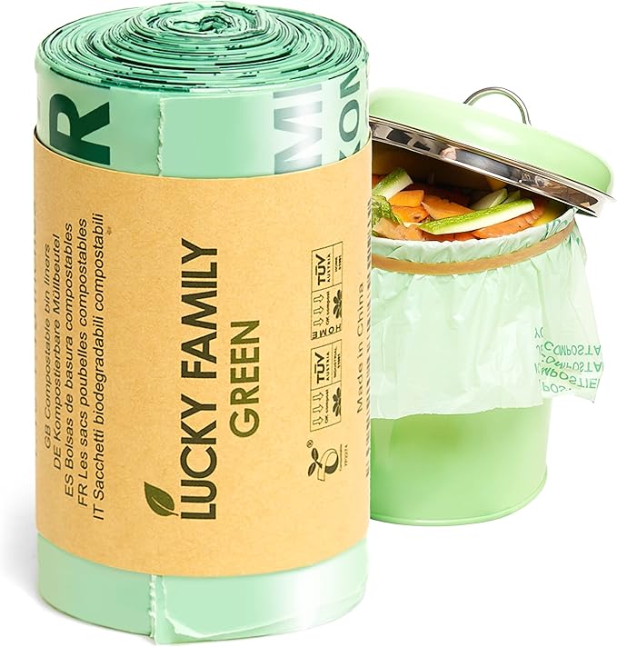 Lucky Family Green Compost Bags for Kitchen Countertop Bin - 100% Compostable Trash Bags for Food Waste, Organic Biodegradable Trash Bags (1.3-1.6 Gallon, 50 Count)