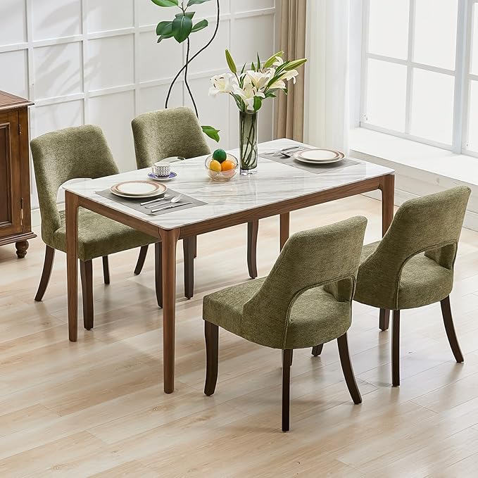 UVV Wooden Dining Chairs Set of 6, Mid Century Modern Chenille Upholstered Dining Room Chair Kitchen Chairs, Farmhouse Dinner Chair with Solid Wood Legs for Kitchen Dining Room, Green