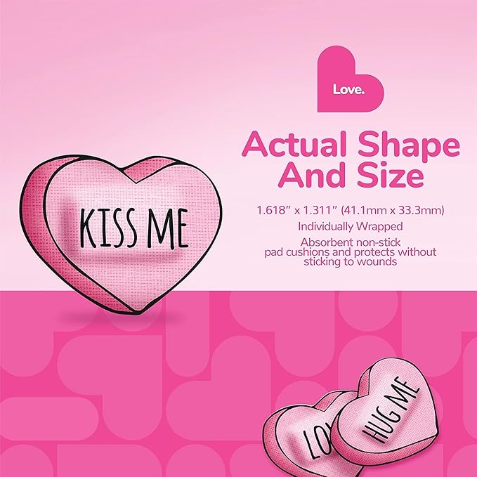 BioSwiss Kids Bandages, Valentine Heart Shaped Self Adhesive Bandage Set, Latex Free, Sterile Wound Care, 50 Count
