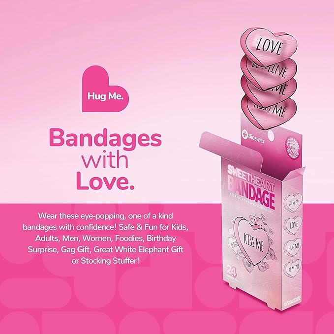 BioSwiss Kids Bandages, Valentine Heart Shaped Self Adhesive Bandage Set, Latex Free, Sterile Wound Care, 24 Count