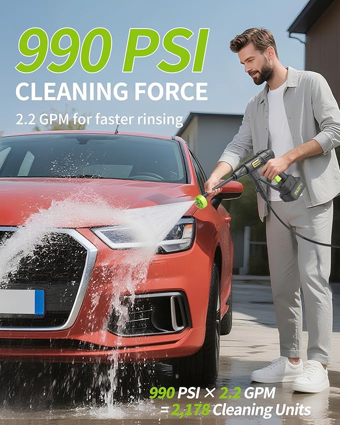 Cordless Pressure Washer Battery Powered; 990PSI Cordless Power Washer with 6-in-1 Nozzle, 23FT High-Elastic Hose, 21V Battery&Charger; Portable Handheld Pressure Washer Cleaner for Home, Car, Garden