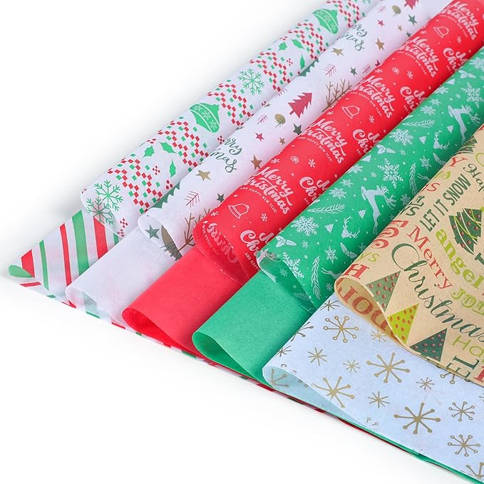 BLEWINDZ 150 Sheets Christmas Tissue Paper, 20" x 20", 10 Festive Designs, Ideal for Gift Wrapping, DIY Crafts & Holiday Decor