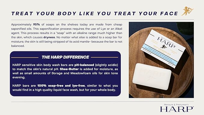 HARP pH-Balanced (5.0-6.0) Body Wash Bar. 100% Syndet. Protects Moisture Barrier For Sensitive, Dry or Irritated skin. + Shea Butter/Borage Oil. Non-Comedogenic. FRAGRANCE FREE