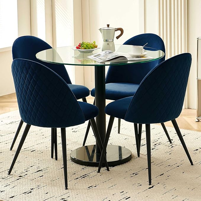 5-Pieces Small Round Kitchen Dining Table Set for 4, Contemporary Glass Dining Room Breakfast Table Set with Upholstered Dining Accent Chairs Curved Backrest, Dinette Set for Apartment