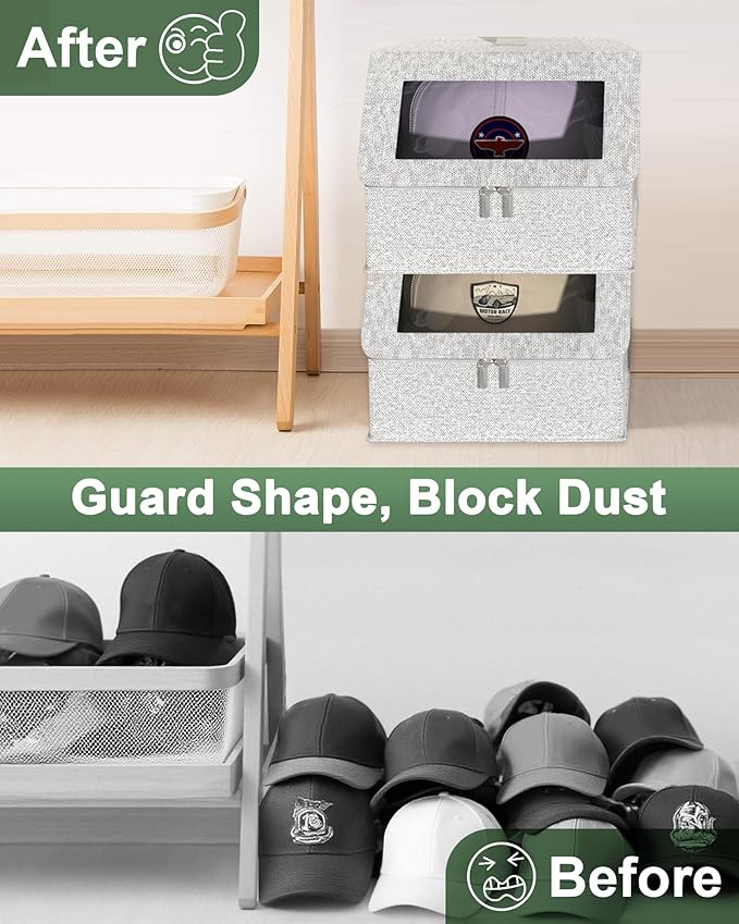 Stackable Hat Organzier for Baseball Caps, 2 PCS Hat Storage Holder Holds up to 24 Caps for Closet, Dust-Proof Hat Boxes Container with Clear Window for Home