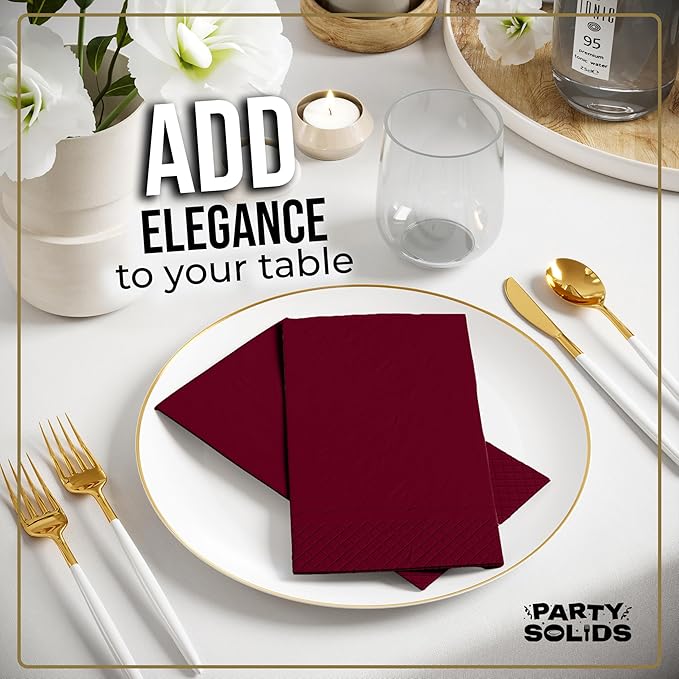 Burgundy Dinner Napkins Disposable 8" x 4" Folded - 40 Pcs 2 Ply Burgundy Napkins Disposable Paper Guest Towels for Bathrooms, Dinners, Everyday Parties & Party Supplies