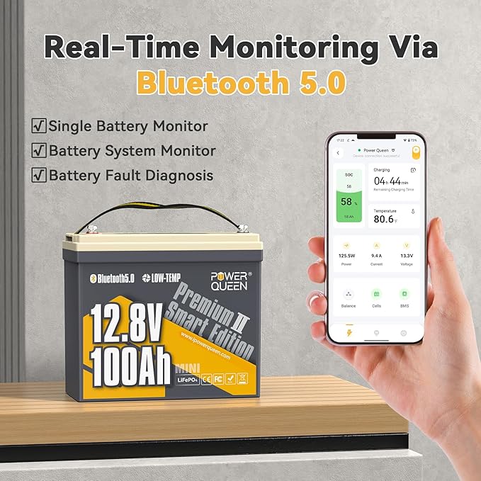 Power Queen 12V 100Ah Mini LiFePO4 Battery with Bluetooth, Low Temp Cut-off, 12V Lithium Battery 100A Smart BMS, Support Monitoring Battery via Phone Bluetooth, 15000 Cycles for RV, Solar, Marine