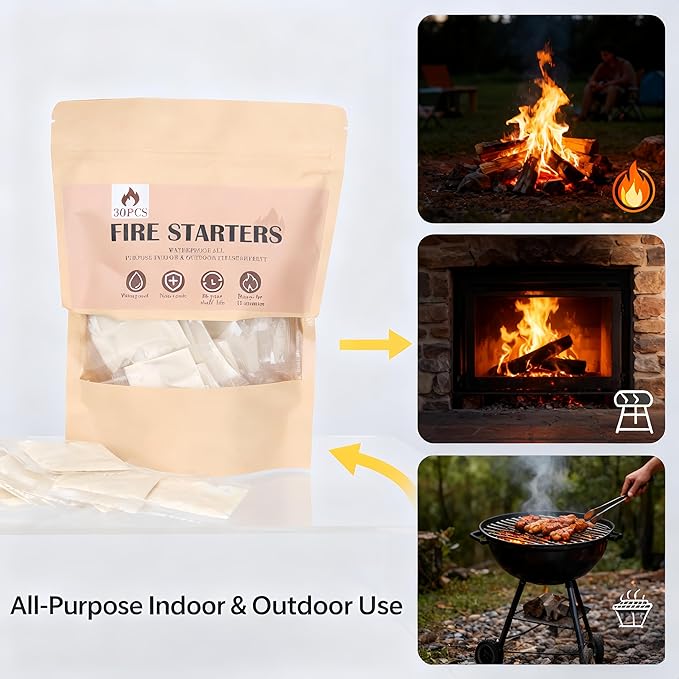 (30 Pcs/Bag) Quick Instant Fire Starter, Waterproof All-Purpose Indoor & Outdoor Firestarter,for Charcoal,Fireplace, Campfire, Wood Stove Odorless，BBQ and Non-Toxic