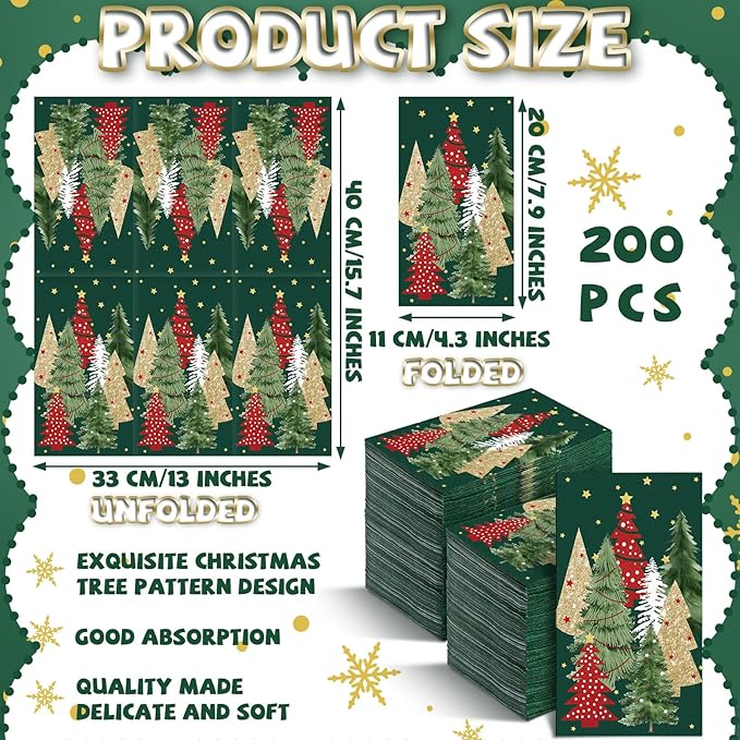 Jetec 200 Pcs Christmas Disposable Paper Guest Towels for Bathroom Christmas Paper Napkins Red Green Xmas Tree Decorative Guests Towel 2 Ply Christmas Napkins for Holiday Kitchen Dining Table