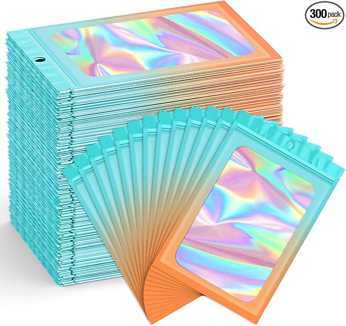 Funfery 300 Pack Smell Proof Resealable Bags for Food Storage,Holographic Bags 4x6 Blue Orange Mylar Clear Packaging Bag- Scent Proof for Cookies, Zip Foil Pouch for Small Business