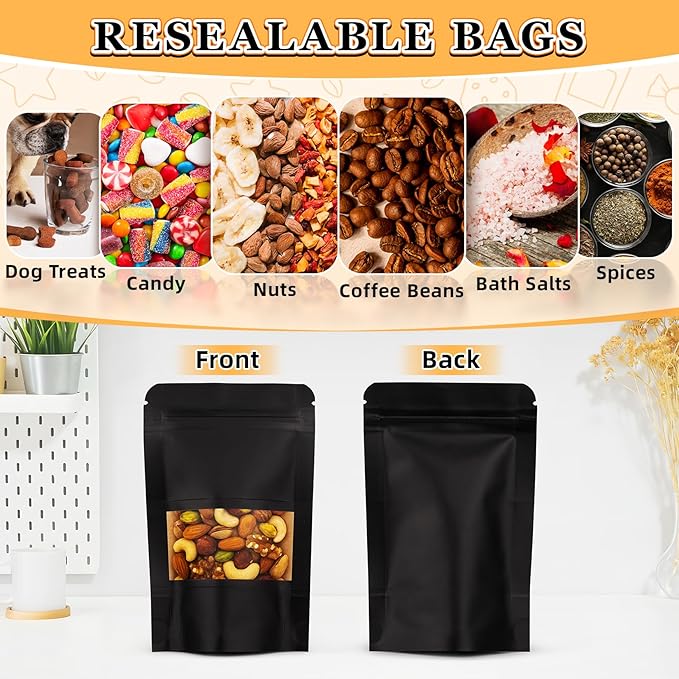 Mylar Bags for Food Storage, 100 Pack Smell Proof Bag with Window, Resealable Bags for Small Business, Candy Bags, Dog Treat Bag, Bakery Packaging, Stand Up Pouch (6.7"x9.8")